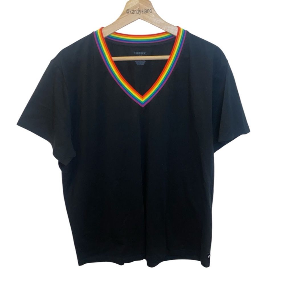 TOMBOYX Men’s Black V Neck Tee with Rainbow Pride Collar Trim